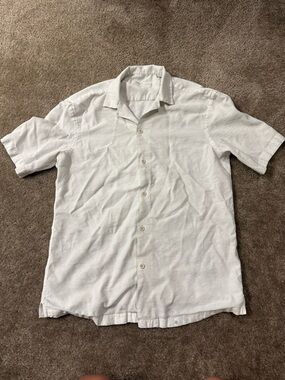 Zara Men's White Short-Sleeve Linen Blend Button-Down Shirt Small with Stain